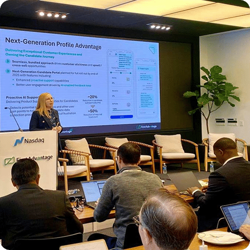 First Advantage at a public forum.